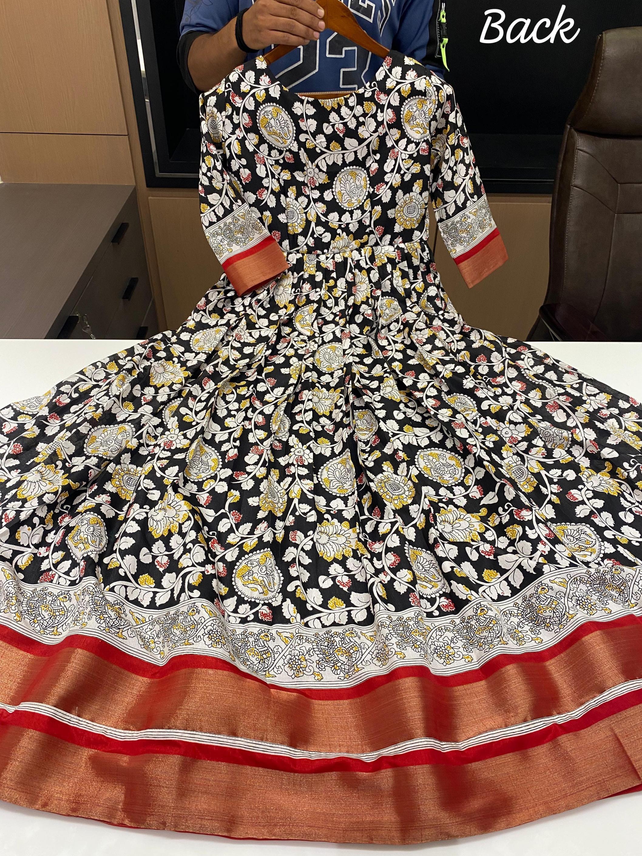 red kalamkari shop trendy fully stitch silk blend big size gown wholesaler 