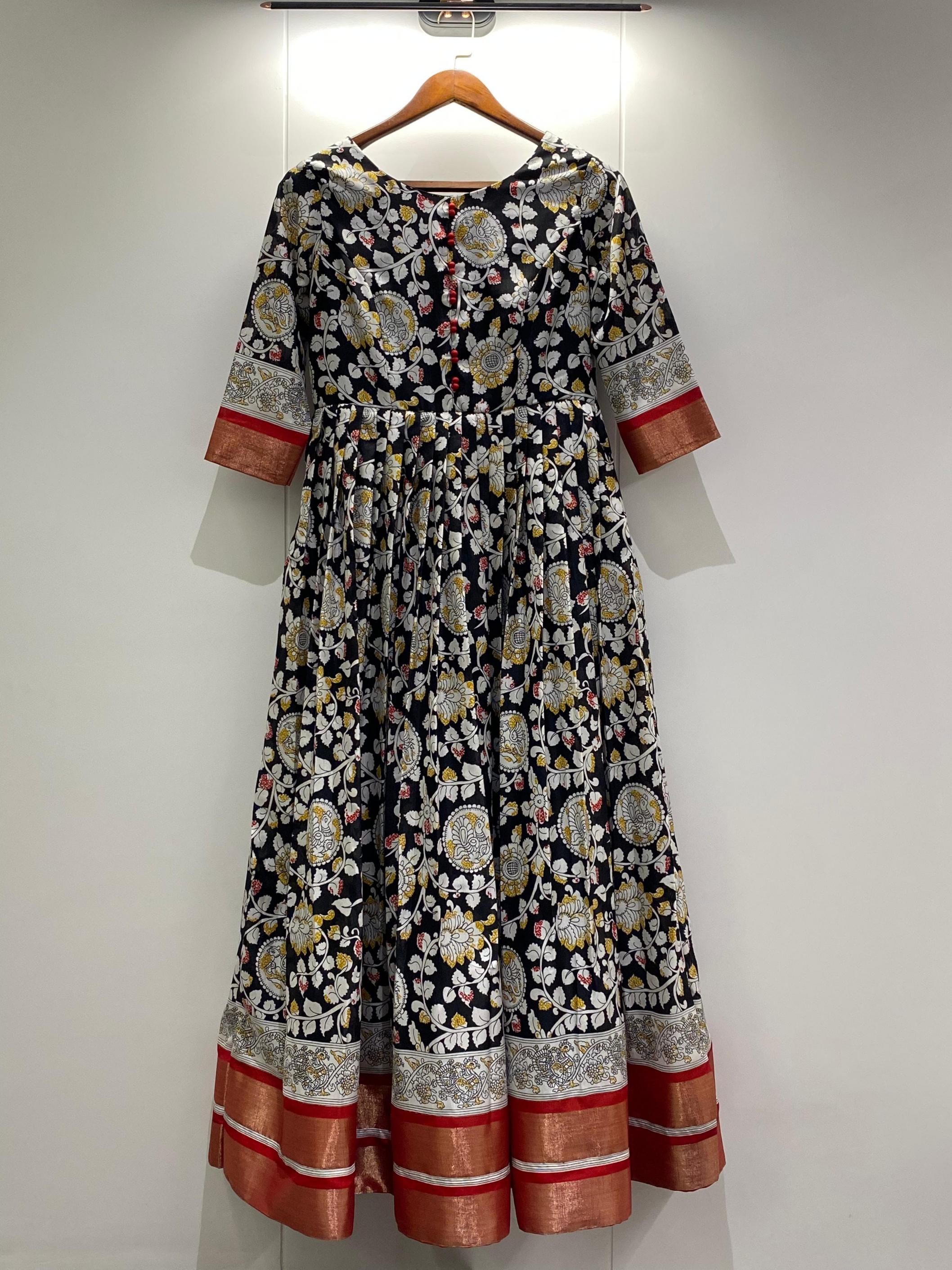 red kalamkari shop trendy fully stitch silk blend big size gown wholesaler 