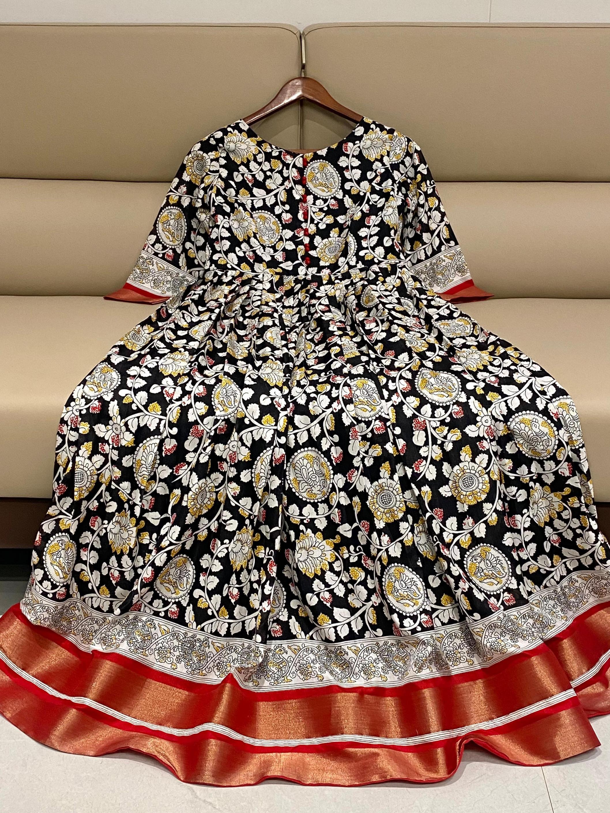 red kalamkari shop trendy fully stitch silk blend big size gown wholesaler 