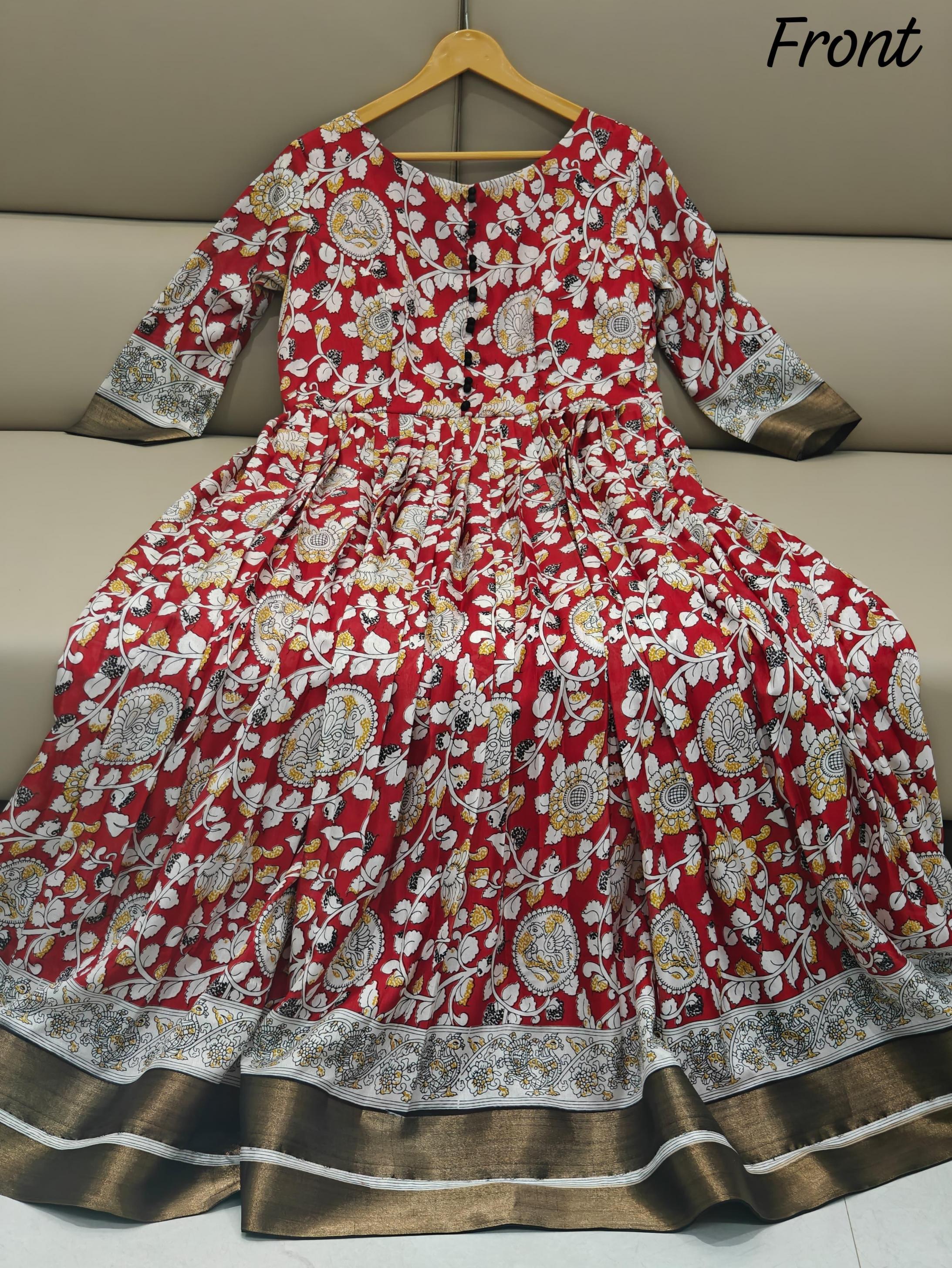 red kalamkari shop trendy fully stitch silk blend big size gown wholesaler 