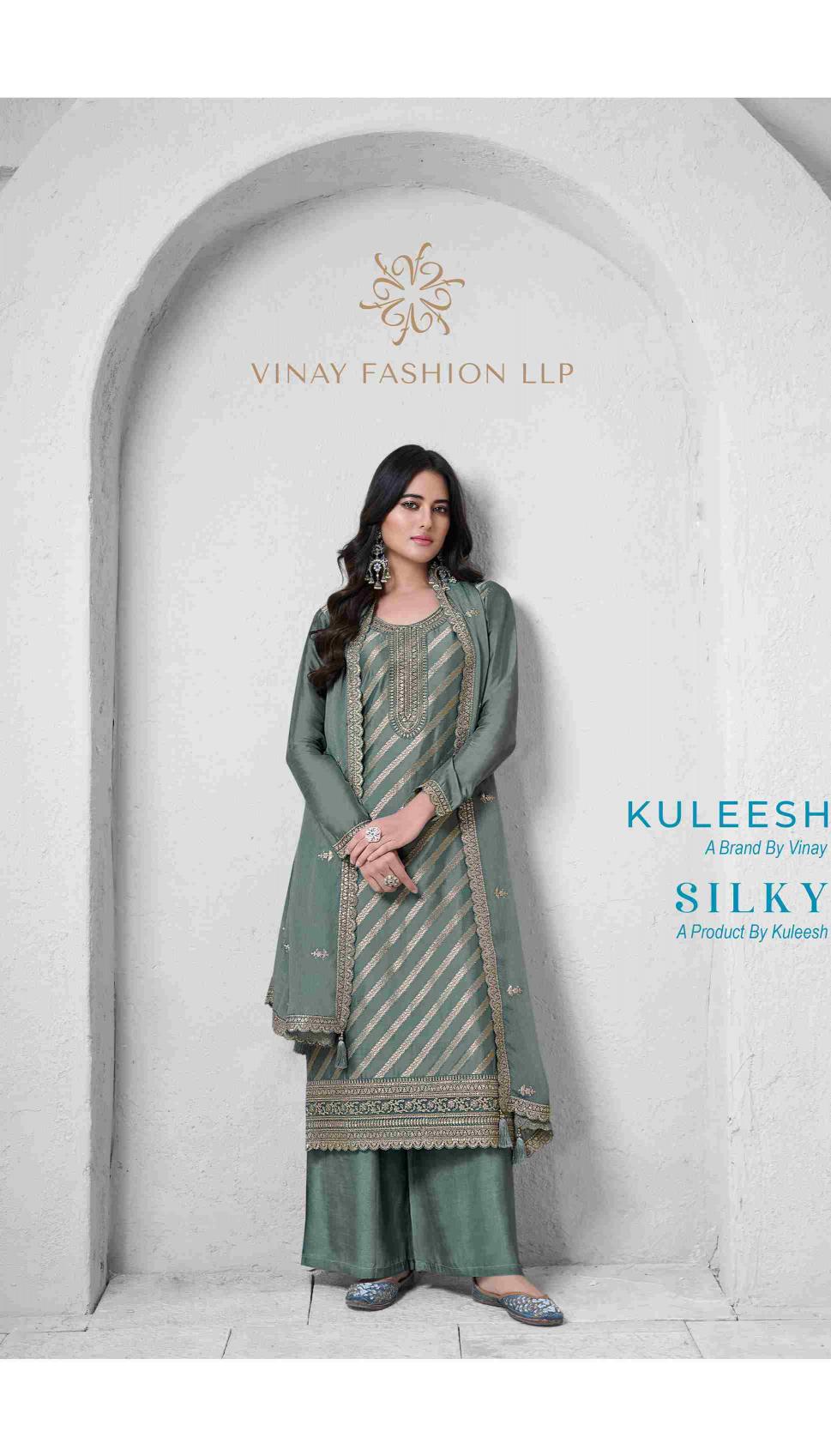silky by vinay kuleesh jacquard embroidery silk unstitch trendy suits