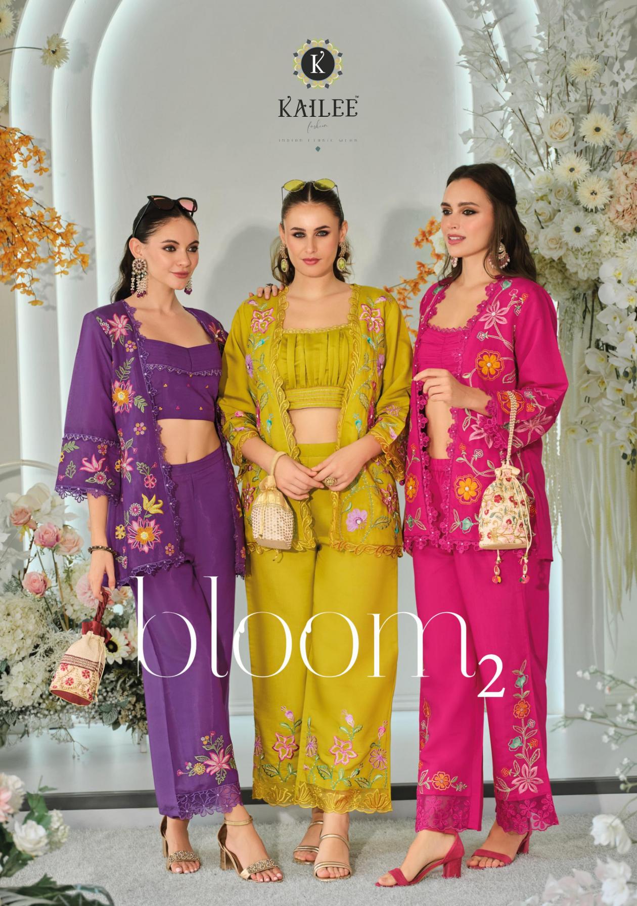 kailee fashion bloom vol 2 viscose organza fully stitch exclusive top plazzo with koti style dress